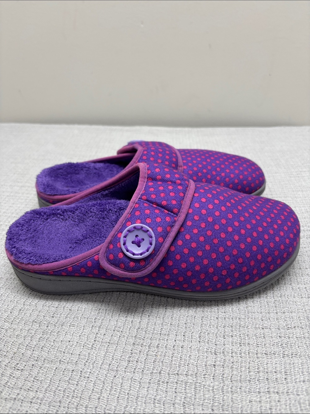 Vionic Laura Orthotic Slipper Adjustable Strap Purple Dot Slip On Shoes Womens 7
